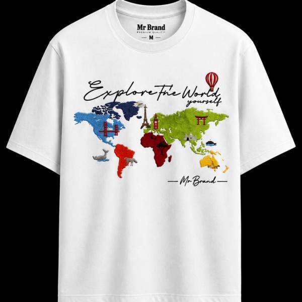 MR BRAND Explore The World Embroidered Oversized T-Shirt for Men | Premium 100% Cotton | Heavy GSM